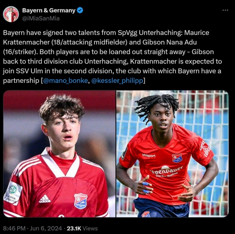 记者：拜仁签下18岁中场克拉腾马赫&16岁前锋阿杜，两人将被外租