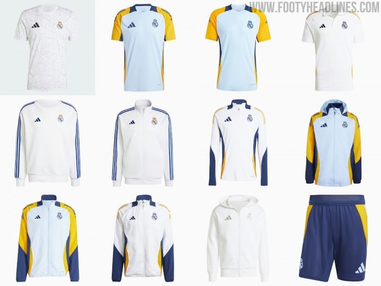 皇马发布新赛季训练套装：涵盖球衣、球裤和外套，配色白黄蓝