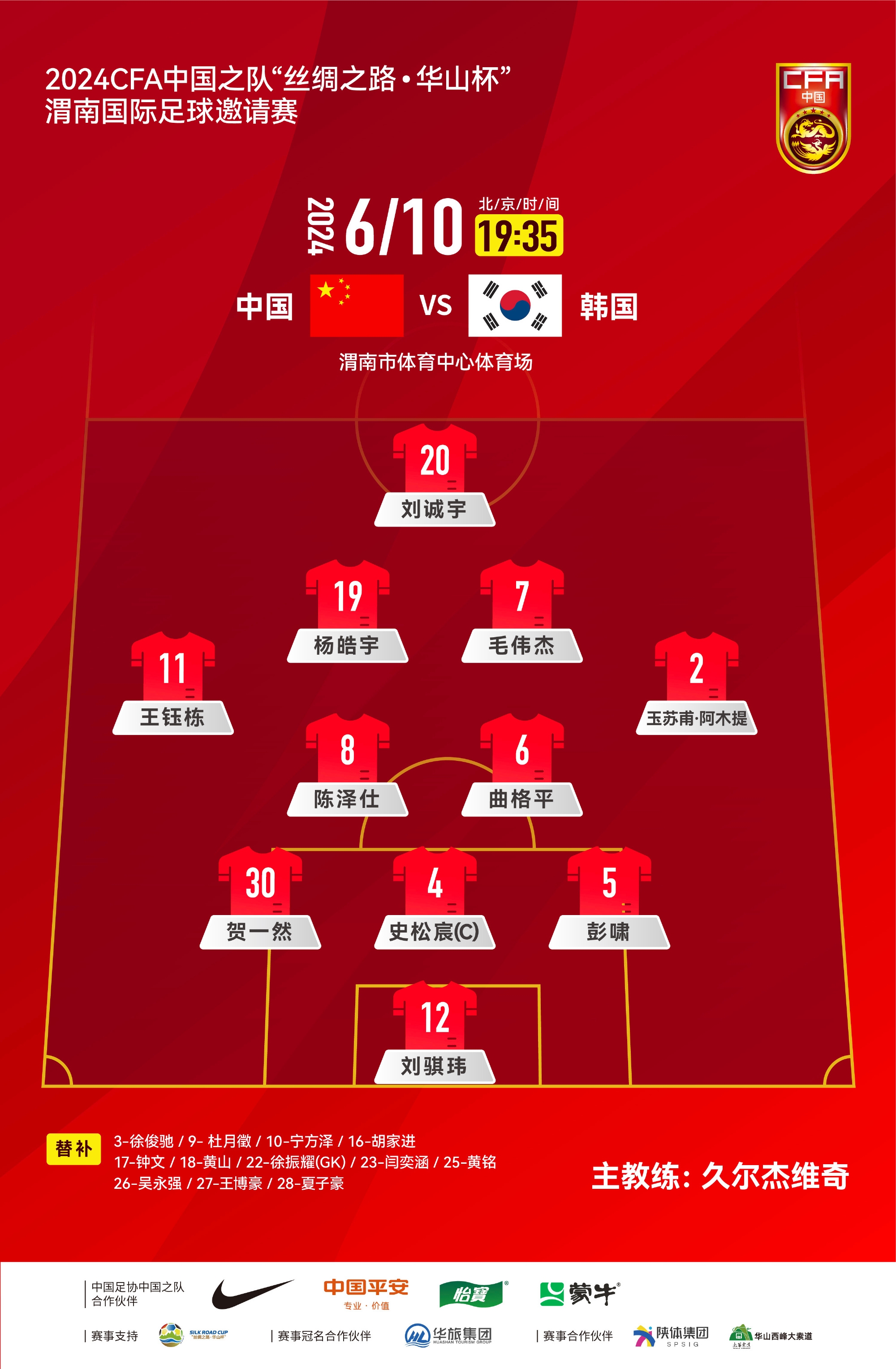 渭南国际邀请赛中国U-19vs韩国U-19 中国队首发名单